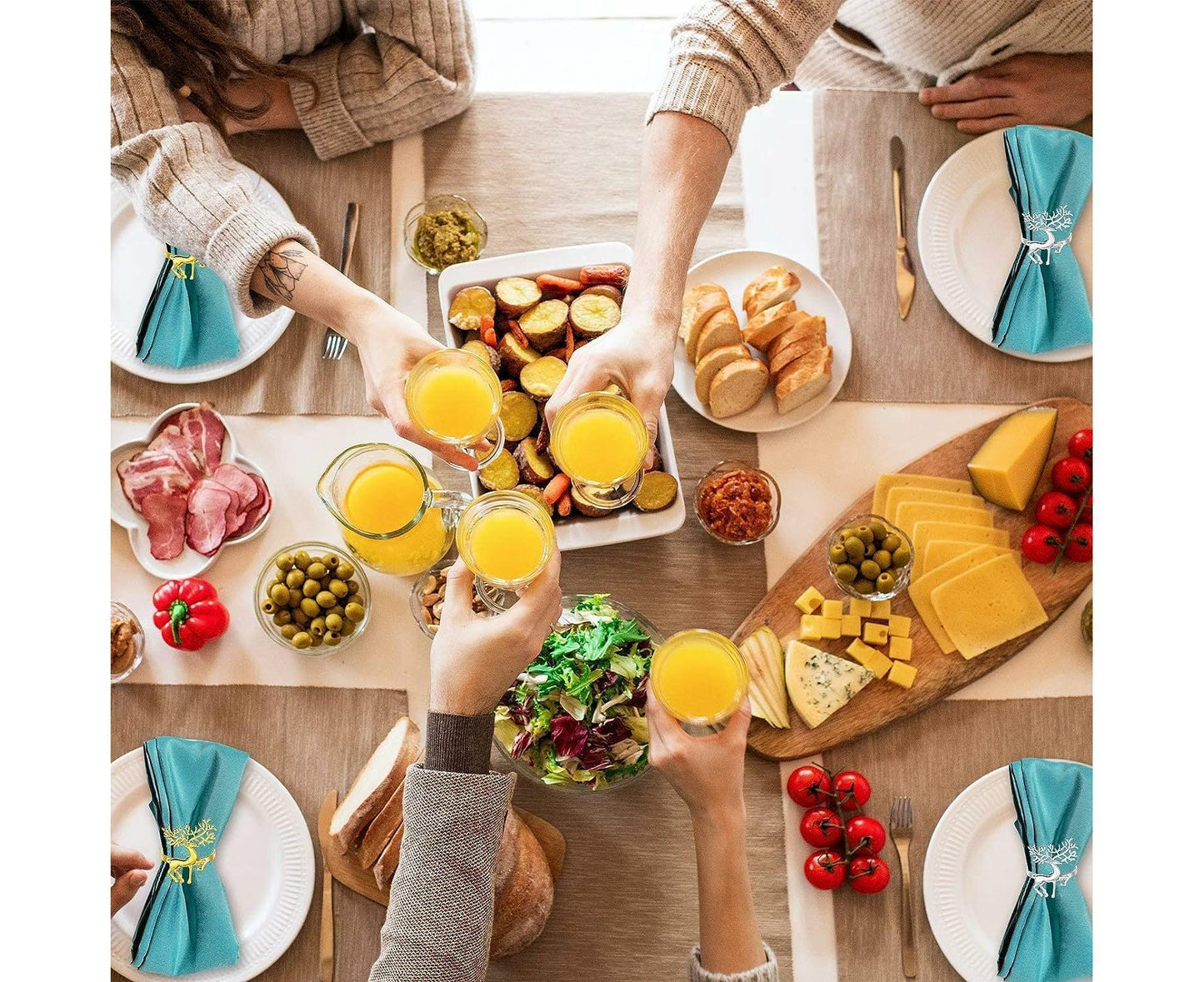 12Pcs Christmas Deer Napkin Rings Set, Glossy Elk Napkin Holder, Chic Reindeer Napkin Buckle,Xmas Dining Table Decor Supplies (Silver)