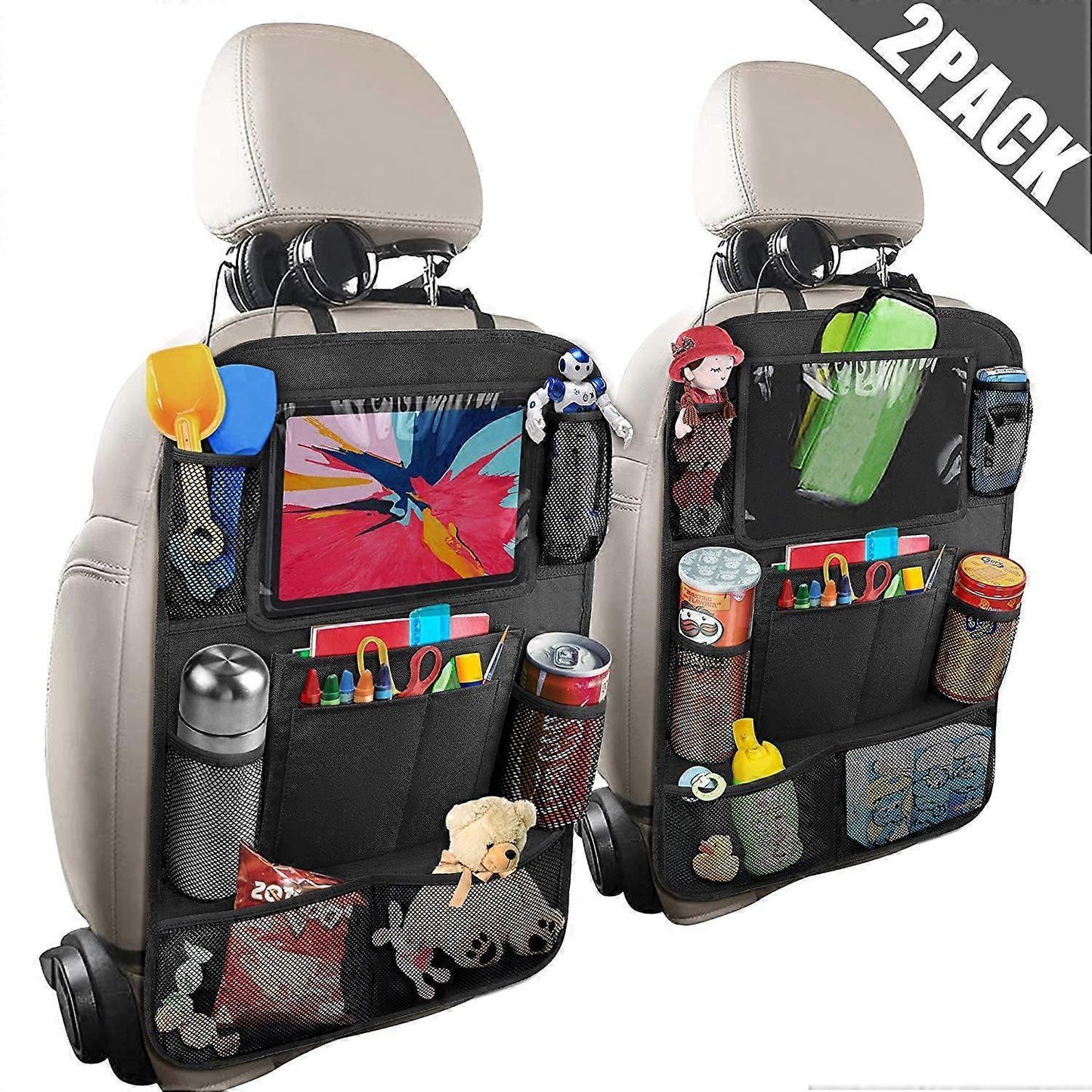 Car Back Organizer with Touch Screen Tablet Holder + 9 Storage Pockets Kick Mats Back Protectors Great Travel Accessories