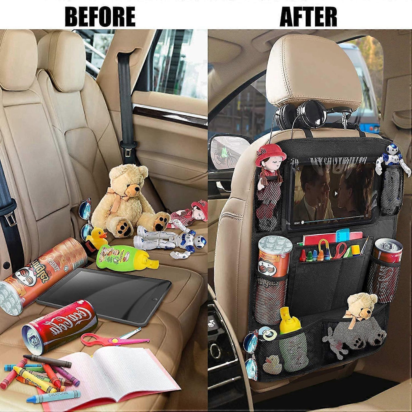 Car Back Organizer with Touch Screen Tablet Holder + 9 Storage Pockets Kick Mats Back Protectors Great Travel Accessories