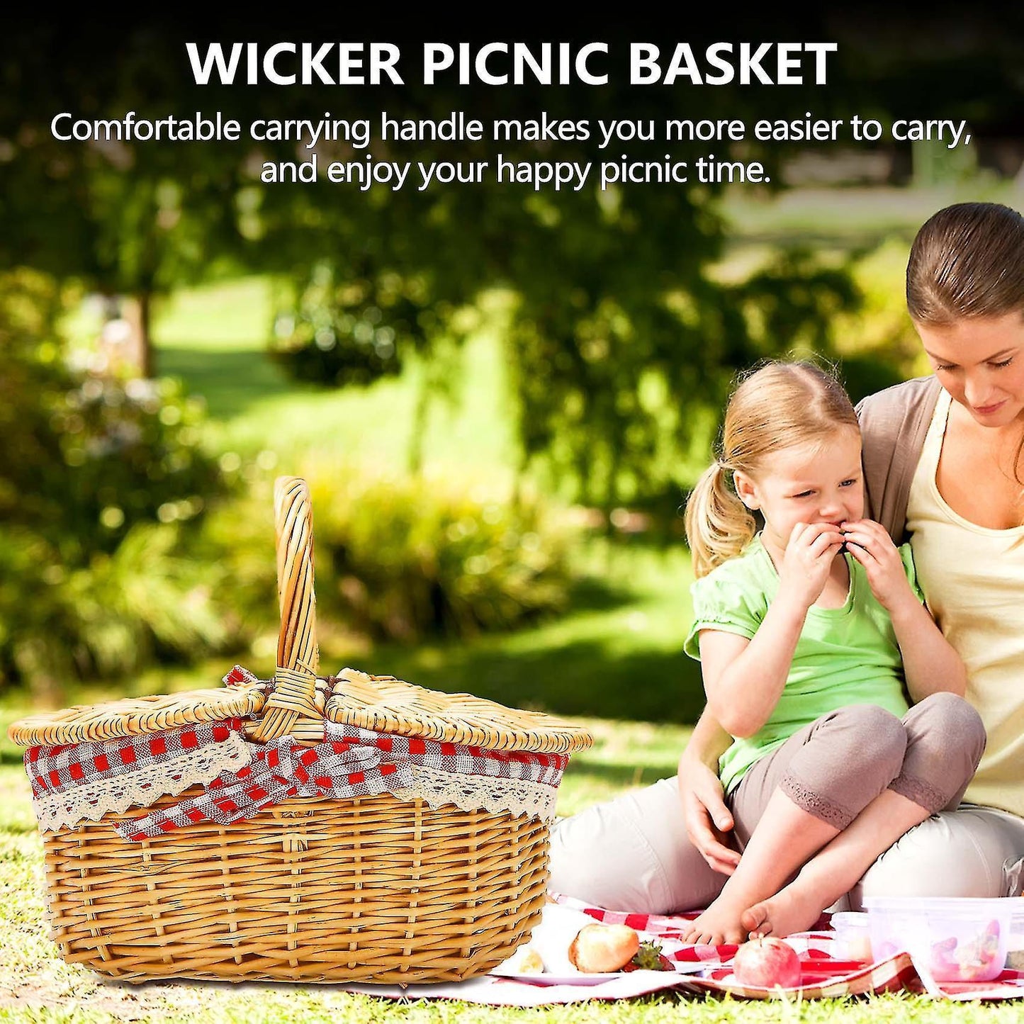 Country Style Wicker Picnic Basket Hamper With Lid And Handle & Liners For Picnic, Parties