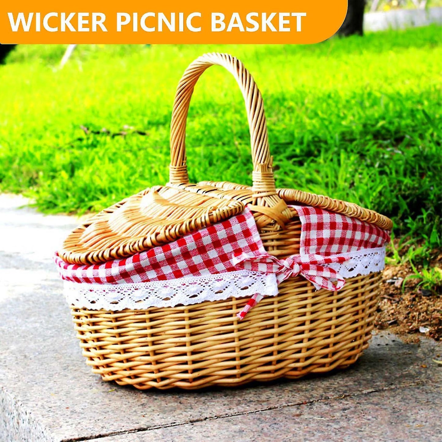Country Style Wicker Picnic Basket Hamper With Lid And Handle & Liners For Picnic, Parties