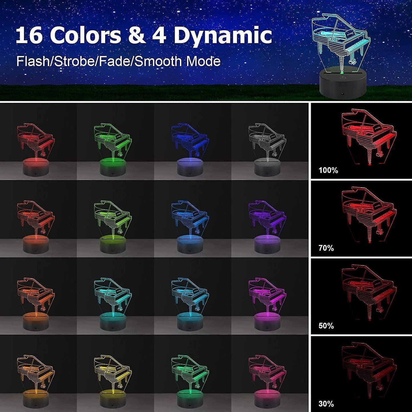 3D Lamp Illusion Piano Night Light Decor 16 Colors