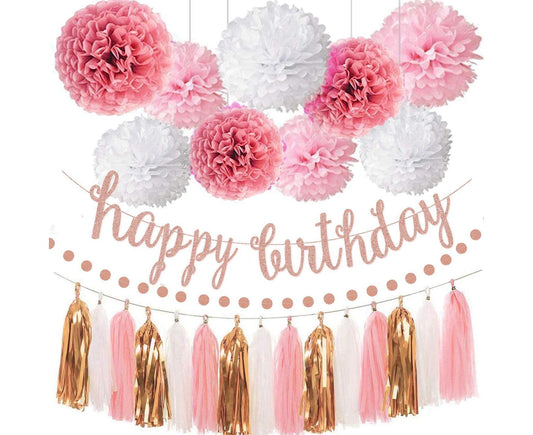 Pink Rose Gold Birthday Party Decorations Set, Rose Gold Glittery Happy Birthday Banner, Tissue Paper Pom