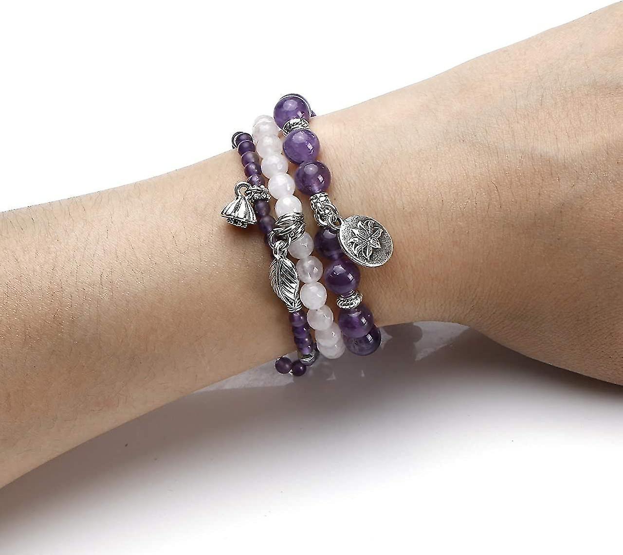 3pcs Amethyst Rose Quartz Crystal Beaded Chakra Bracelet Natural Healing Energy Lotus Charm Beads Stone Reiki Stackable Stretch Bracelets Set
