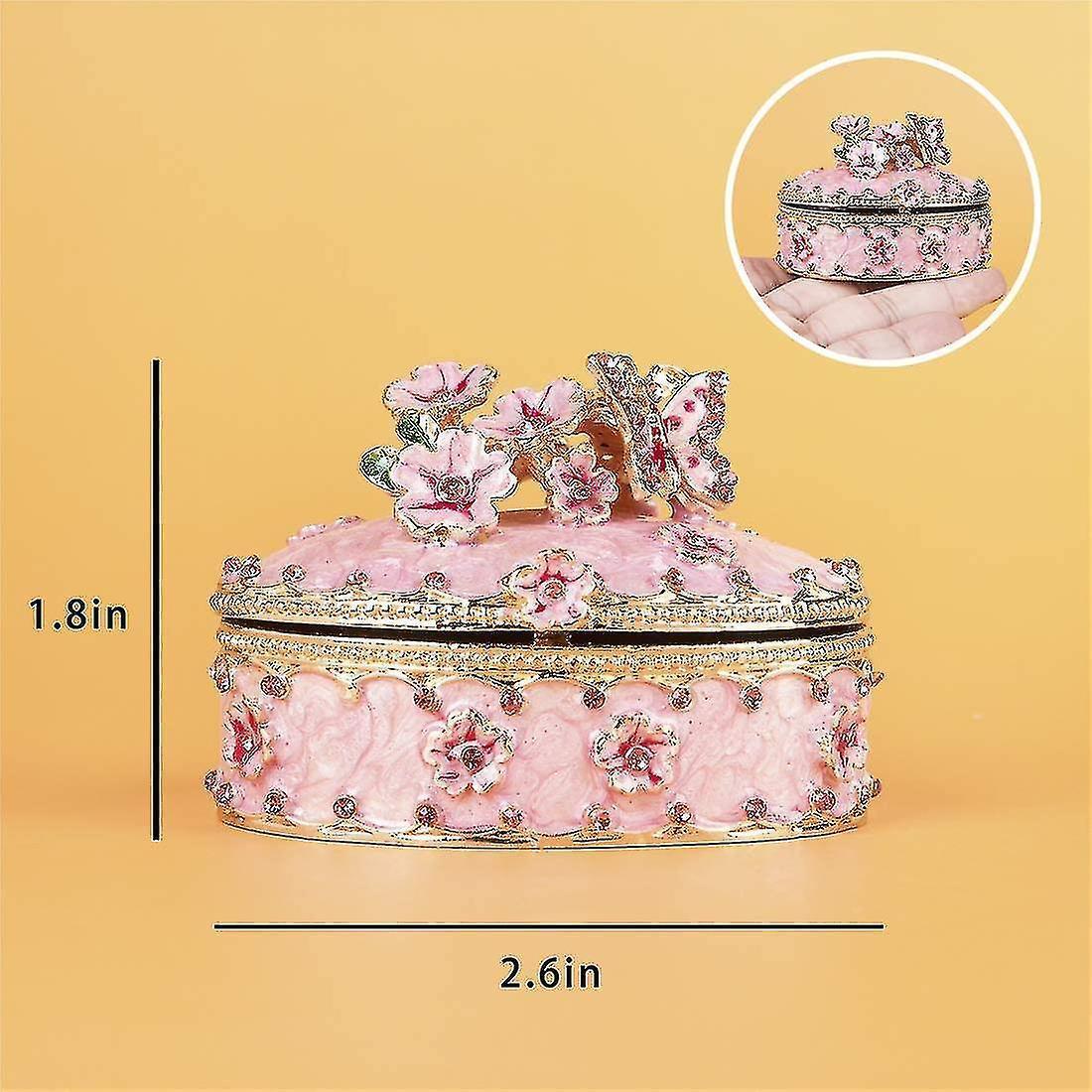 Crystal Trinket Jewelry Boxes Hinged,hand-painted Pink Flower Butterfly Pattern Jeweled Box For Girls