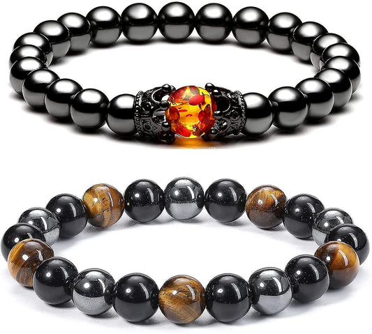Hematite Black Obsidian Tiger Eye Stone Bracelets For Men Women 10mm Natural Round Gemstone Beads Beaded Healing Crystal Triple Bracelet