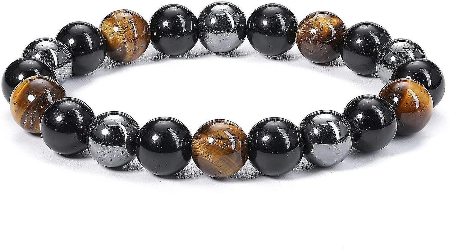 Hematite Black Obsidian Tiger Eye Stone Bracelets For Men Women 10mm Natural Round Gemstone Beads Beaded Healing Crystal Triple Bracelet