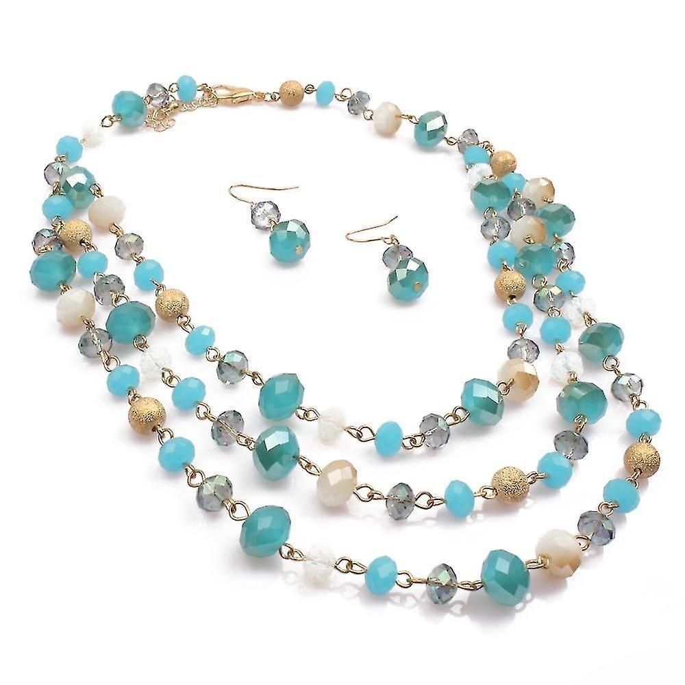 Multi Layer Crystal And Glass Beads Necklace And Crystal Earrings Crystal Jewelry Set - Blue