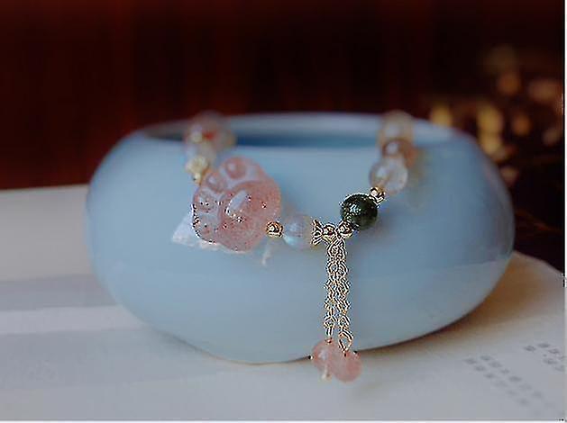 Natural Pink Strawberry Crystal Cat's Claw Pendant Tassel Bracelet