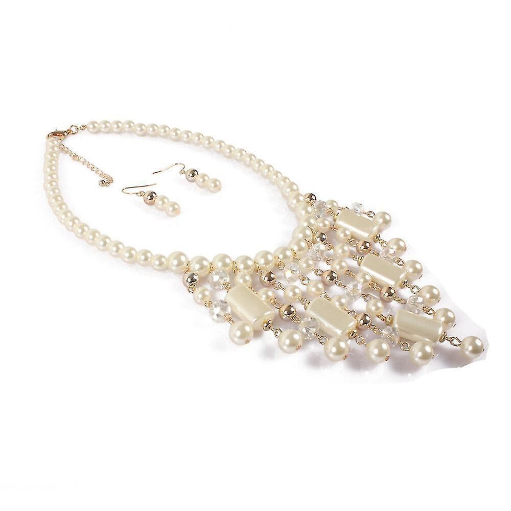 Waterfall Style Pearl Chain And Crystal Resin Beads Statement Necklace Pearl Earrings Pearl Jewelry Set