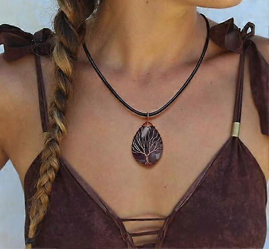 7 Chakra Gemstone Healing Crystals Necklace Copper Wire Wrapped Natural Gemstone Necklace Unisex Hippie Leather Necklace Choker