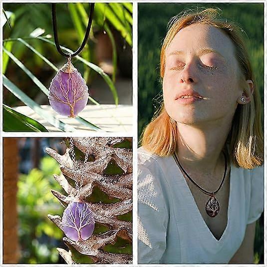 7 Chakra Gemstone Healing Crystals Necklace Copper Wire Wrapped Natural Gemstone Necklace Unisex Hippie Leather Necklace Choker