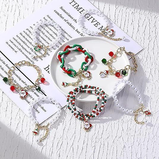 Christmas Beaded Pendant Bracelet Adjustable Christmas Tree Claus Snowman Crystal Imitation Pearl Pendant Chain Bracelet For Women Christmas Gifts