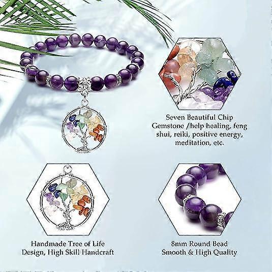 Healing Crystals Beaded Bracelet 7 Chakra Yoga Meditation Stone Bracelets Tree of Life Stretch Bracelet for Women Girls