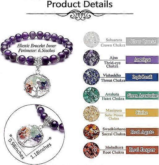 Healing Crystals Beaded Bracelet 7 Chakra Yoga Meditation Stone Bracelets Tree of Life Stretch Bracelet for Women Girls