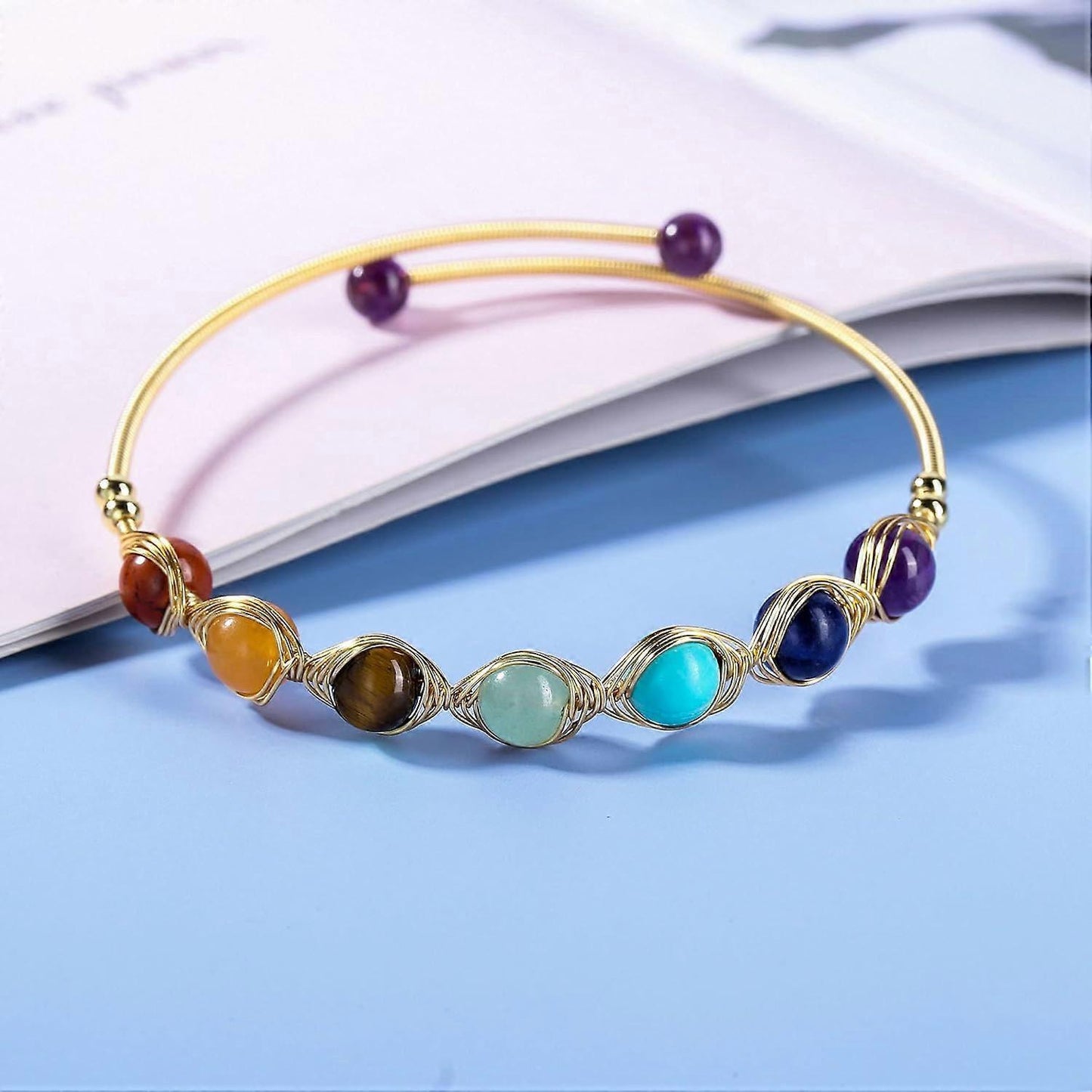 Heyone7 Chakra Crystal Yoga Meditation Bracelets for Women Girls 14K Gold Wire Wrapped Healing Crystals Stone Bracelet Adjustable Gemstones Bead Cuff