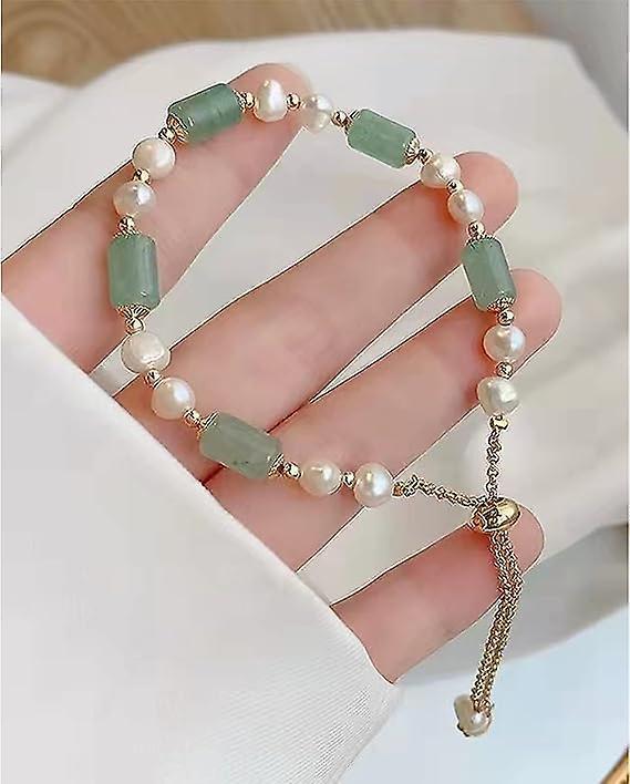 Jade Pearls Bracelet Gold Wealthy Good Fortune Jade Bangle Amulet For Women, Lucky Jade Feng Shui Healing Crystal Bracelet