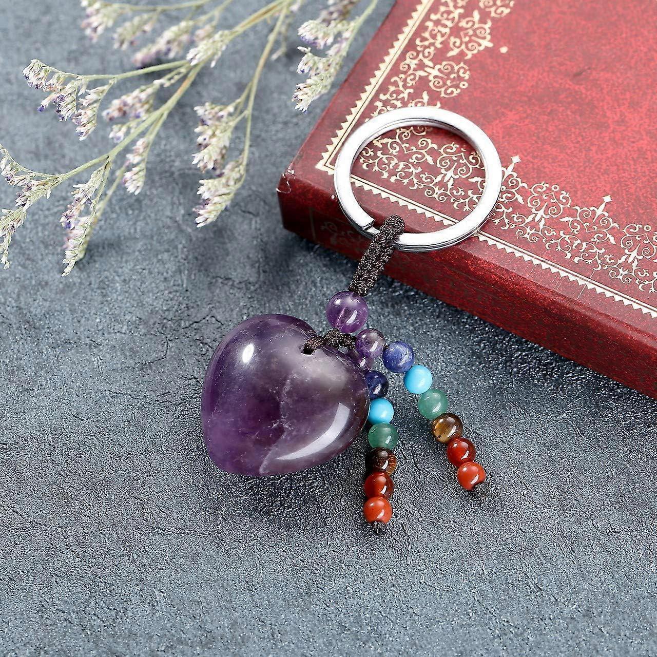 Natural Amethyst Heart Crystal Keychain 7 Chakra Healing Gemstone Key Ring Charm for Women