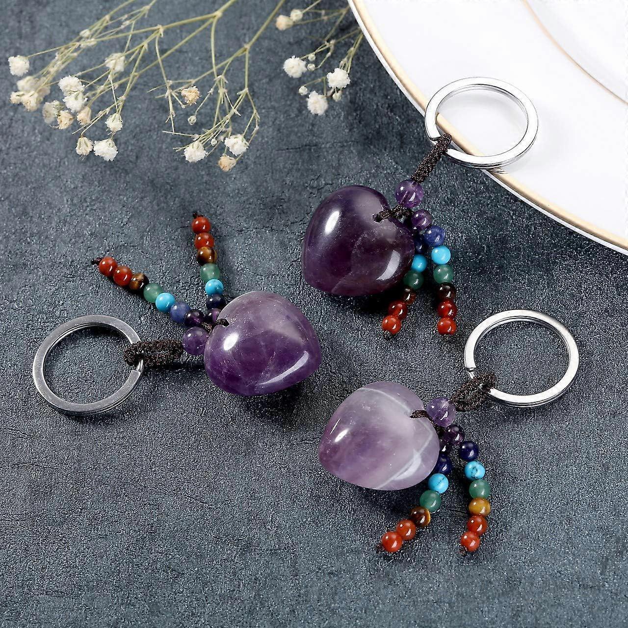 Natural Amethyst Heart Crystal Keychain 7 Chakra Healing Gemstone Key Ring Charm for Women
