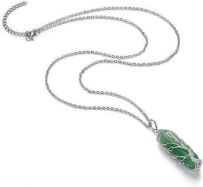 Natural Healing Crystal Stone Necklace Silver Tree Of Life Wire Wrapped Hexagonal Crystal Points Pendant Necklace for Women