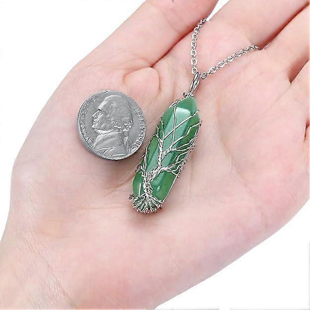 Natural Healing Crystal Stone Necklace Silver Tree Of Life Wire Wrapped Hexagonal Crystal Points Pendant Necklace for Women
