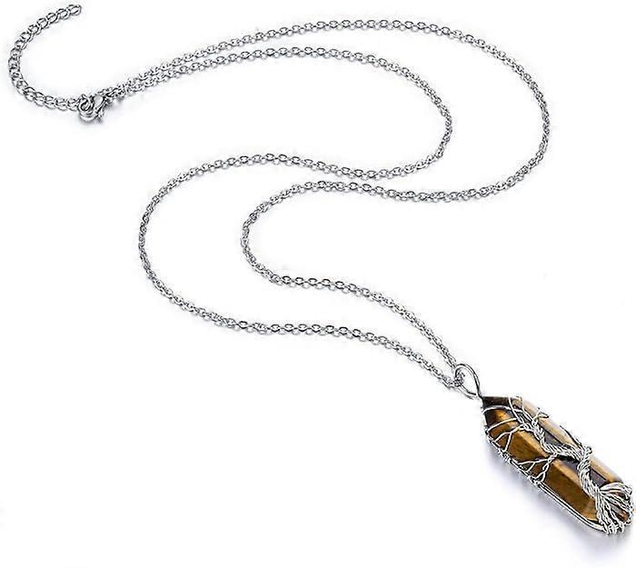 Natural Healing Crystal Stone Necklace Silver Tree Of Life Wire Wrapped Hexagonal Crystal Points Pendant Necklace for Women