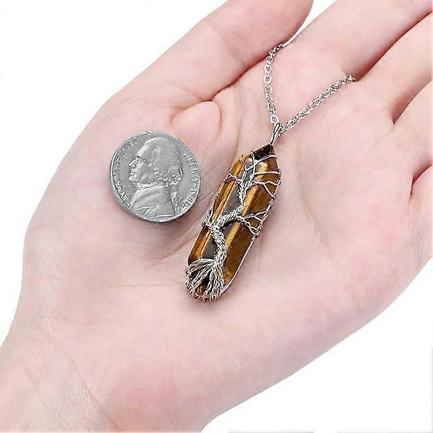 Natural Healing Crystal Stone Necklace Silver Tree Of Life Wire Wrapped Hexagonal Crystal Points Pendant Necklace for Women