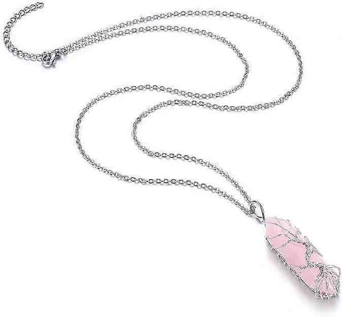 Natural Healing Crystal Stone Necklace Silver Tree Of Life Wire Wrapped Hexagonal Crystal Points Pendant Necklace for Women