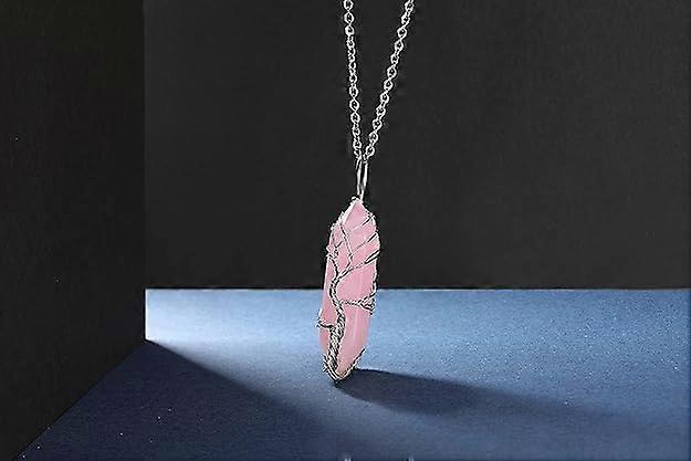 Natural Healing Crystal Stone Necklace Silver Tree Of Life Wire Wrapped Hexagonal Crystal Points Pendant Necklace for Women