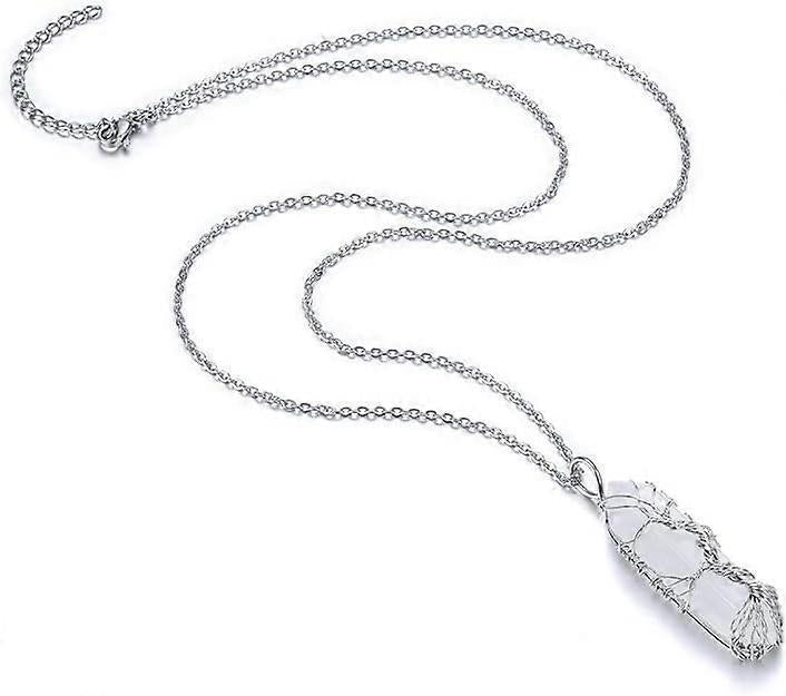 Natural Healing Crystal Stone Necklace Silver Tree Of Life Wire Wrapped Hexagonal Crystal Points Pendant Necklace for Women