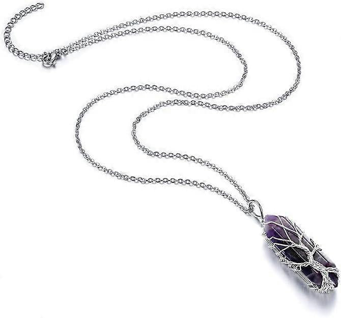 Natural Healing Crystal Stone Necklace Silver Tree Of Life Wire Wrapped Hexagonal Crystal Points Pendant Necklace for Women