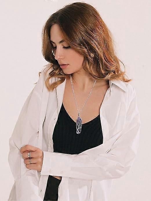 Natural Healing Crystal Stone Necklace Silver Tree Of Life Wire Wrapped Hexagonal Crystal Points Pendant Necklace for Women