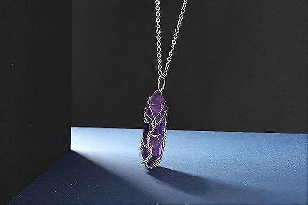 Natural Healing Crystal Stone Necklace Silver Tree Of Life Wire Wrapped Hexagonal Crystal Points Pendant Necklace for Women