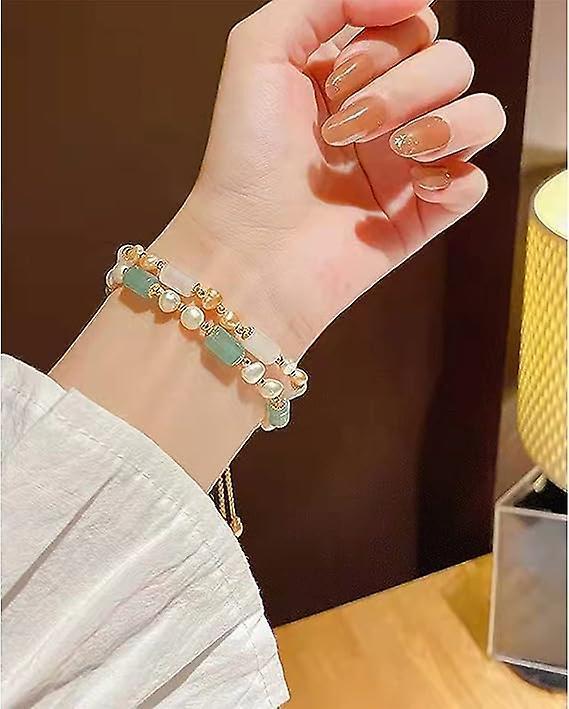 Natural Jade Pearls Bracelet Gold Wealthy Good Fortune Jade Bangle Amulet For Women, Lucky Jade Feng Shui Healing Crystal Bracelet