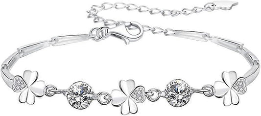 Silver Bracelet for Women,Four-Leaf Clover Bracelet Shiny Crystal Diamond Adjustable Bracelet Mother's Day Jewelry Gift Birthday Christmas Gifts for Women