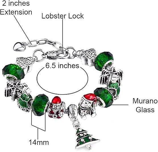 Silver Tone Charm Bracelet With Christmas Tree Bell Crystal And Murano Glass Beads Snake Chain For Women & Girls Comes In A Gift Box