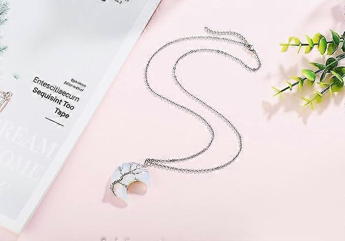 Tree of Life Wire Wrapped Crescent Moon Pendant Necklace Reiki Healing Crystal Stone Necklaces Natural Gemstone Quartz Jewelry for Women