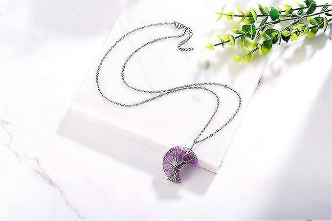 Tree of Life Wire Wrapped Crescent Moon Pendant Necklace Reiki Healing Crystal Stone Necklaces Natural Gemstone Quartz Jewelry for Women
