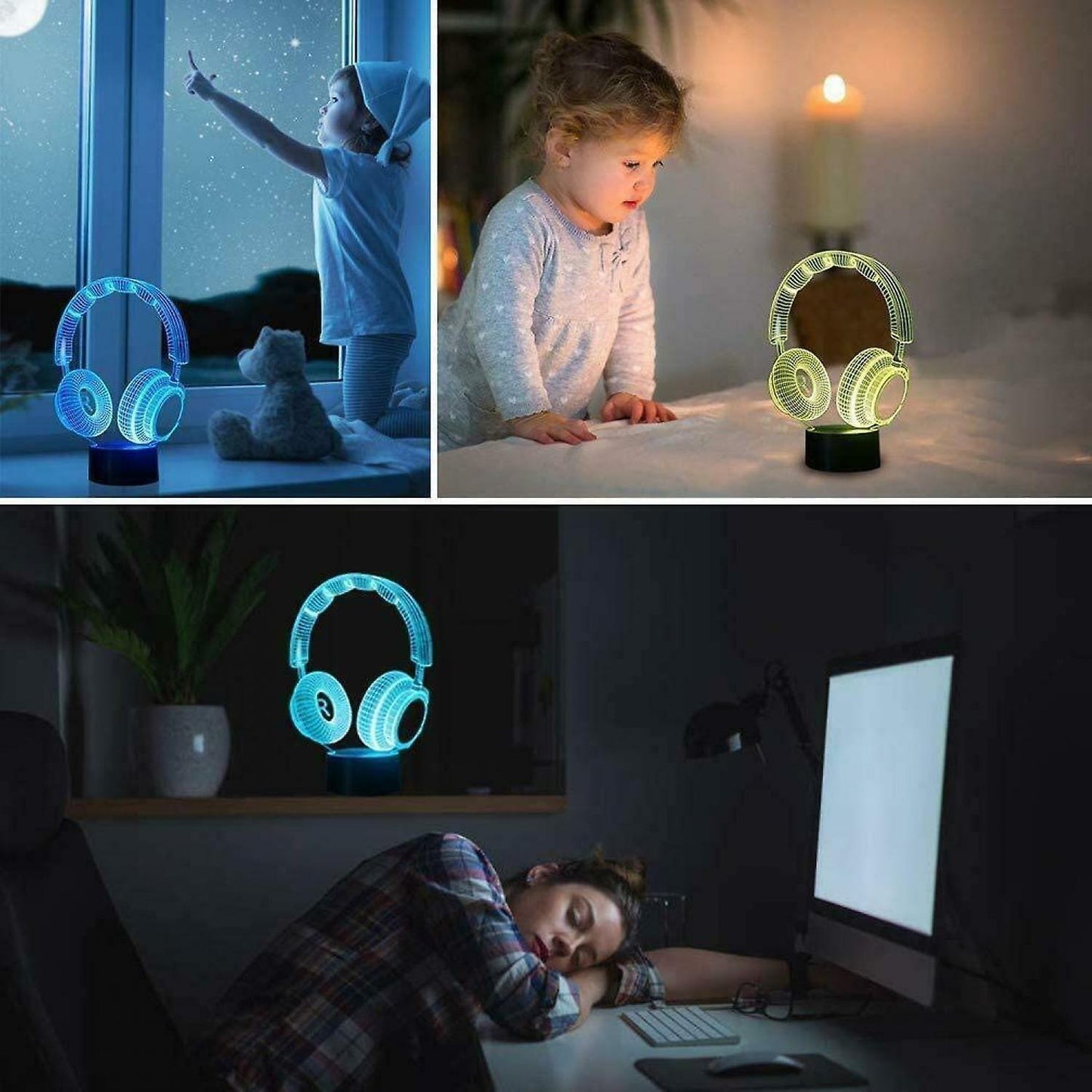 3D Illusion Headphone Headset Night Light 7 Colors