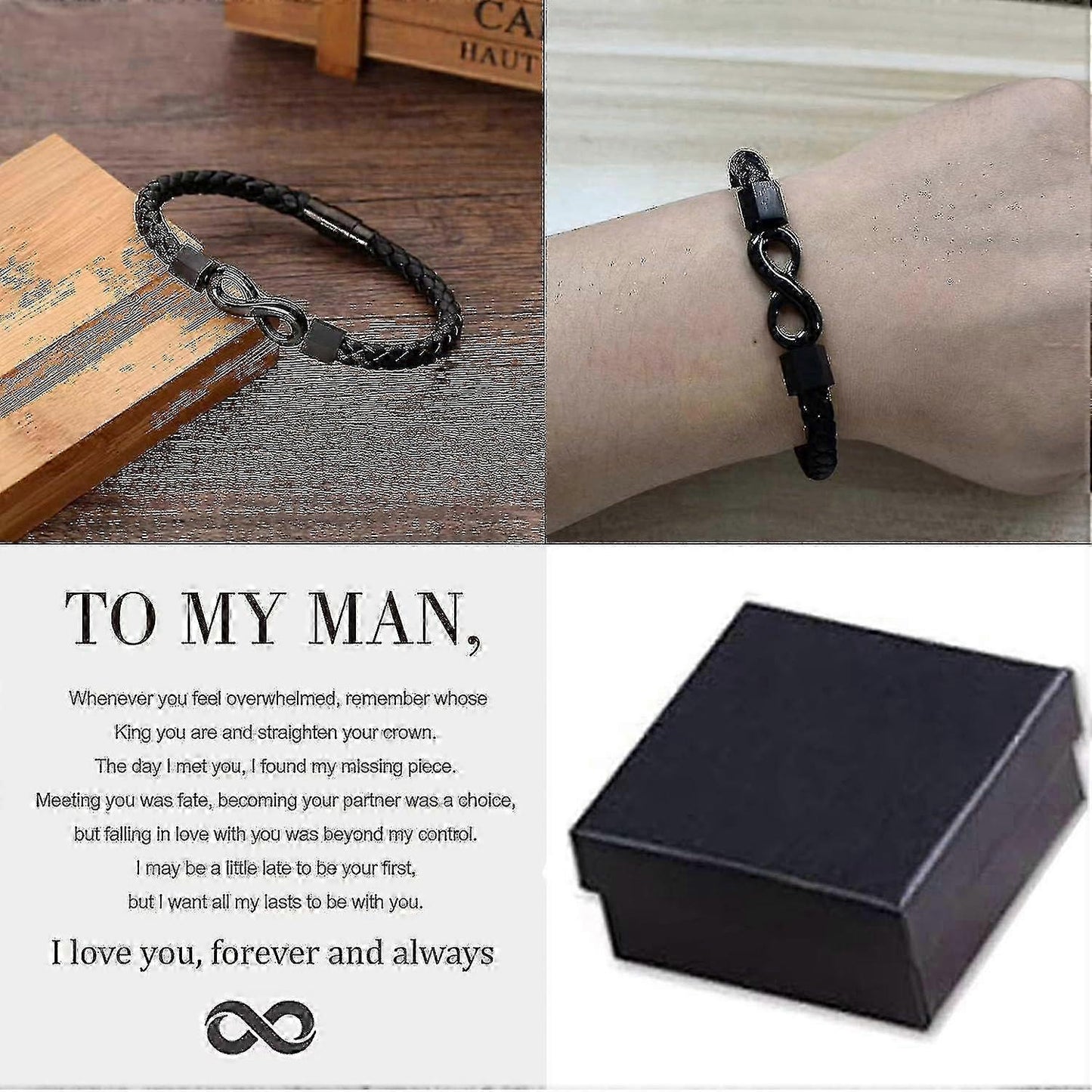 To My Man, Infinity Leather Bracelet Husband Gifts From Wife I Love You Forever And Always Bracelet Boyfriend Anniversary Birthday Christmas Fathers G