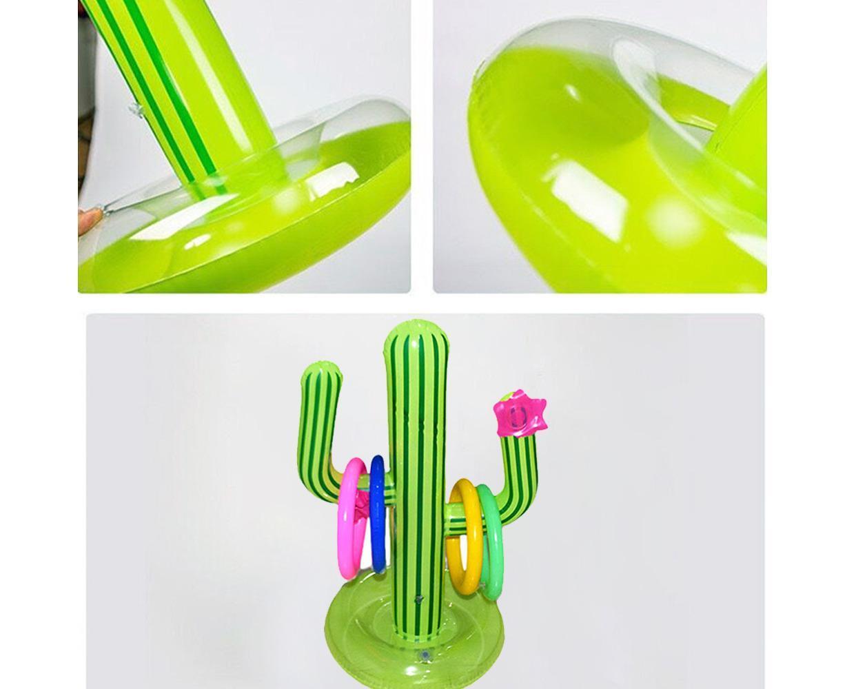 Inflatable Cactus Ring Toss Game Set Target Toss Floating Swimming Ring Toss Includes Inflatable Cactus, 4 Color Rings