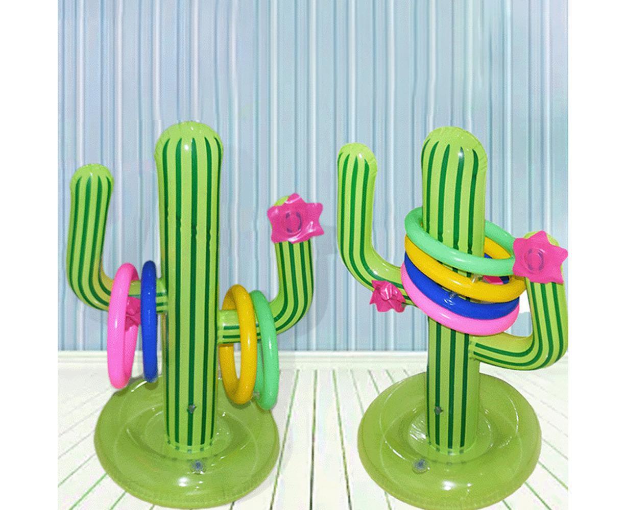 Inflatable Cactus Ring Toss Game Set Target Toss Floating Swimming Ring Toss Includes Inflatable Cactus, 4 Color Rings