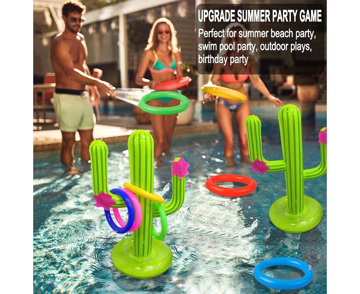 Inflatable Cactus Ring Toss Game Set Target Toss Floating Swimming Ring Toss Includes Inflatable Cactus, 4 Color Rings
