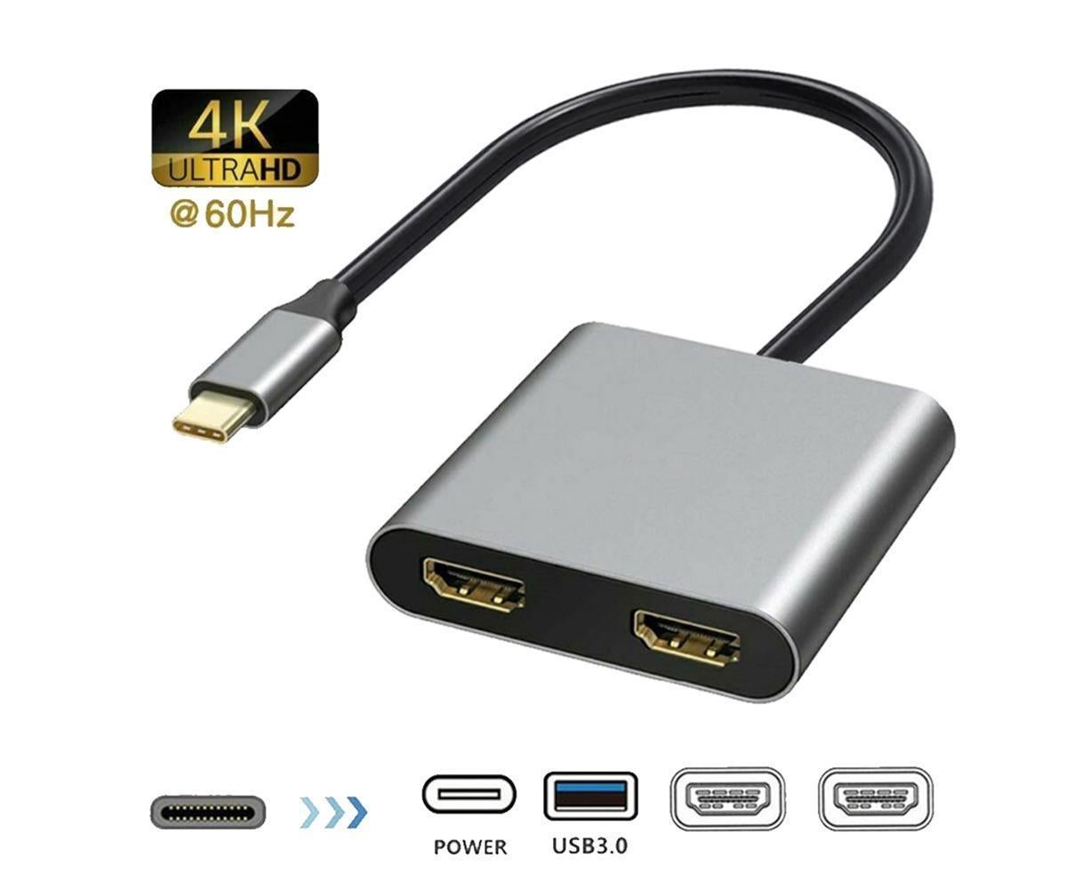 4 in1 Type C to Dual HDMI-compatible USB 3.0 4K Display Adapter Converter for MacBook Pro - Grey