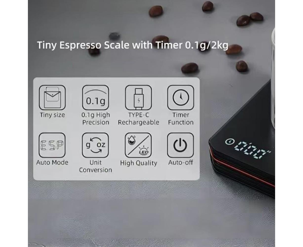 Coffee Scale with Timer 2000g/0.1g Rechargeable Espresso Scale Portable Digital Kitchen Scale with 3 Timing Mode g/oz/ml Unit Switching