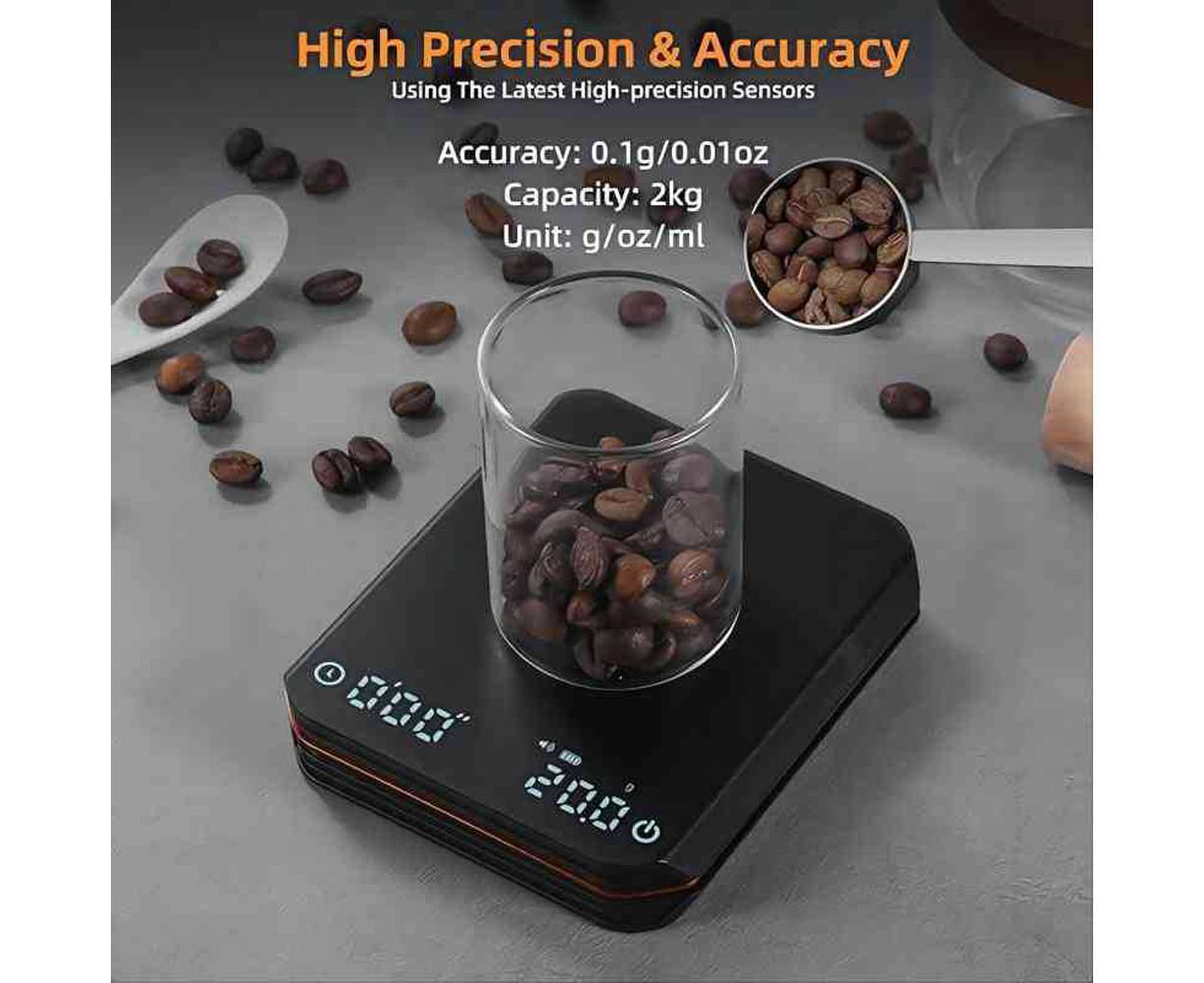 Coffee Scale with Timer 2000g/0.1g Rechargeable Espresso Scale Portable Digital Kitchen Scale with 3 Timing Mode g/oz/ml Unit Switching