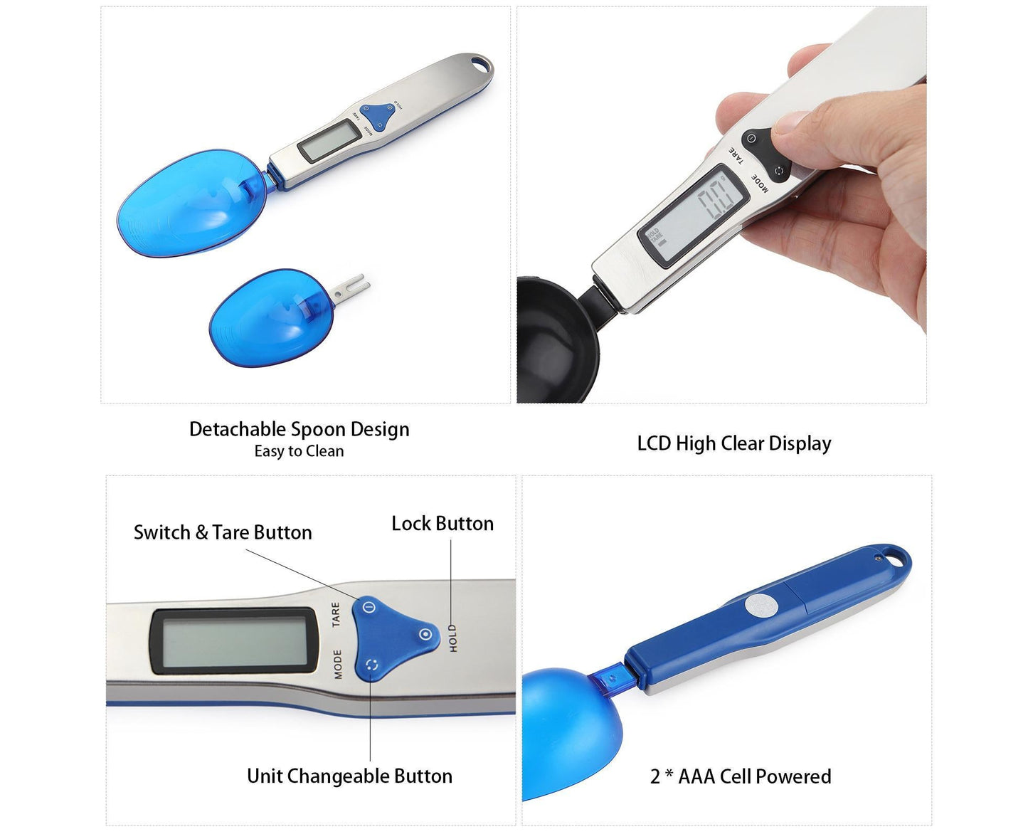 Food Baking Spoon Scale Mini Electronic Scale 500g/0.1g/ 2 * AAA B-attery Cell Powered Operated/ 4 Unit Changeable/ LCD Display/ Deatchable