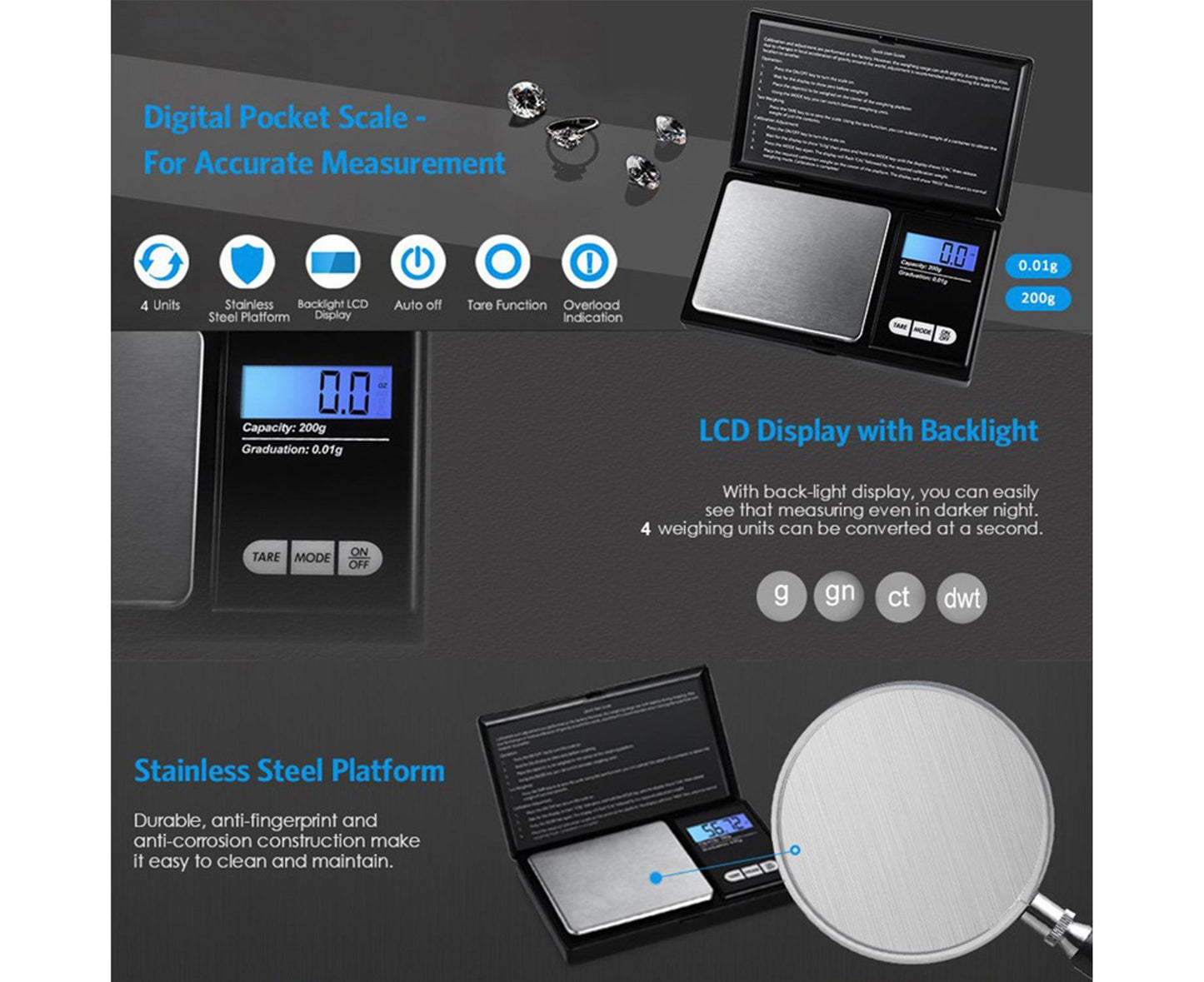 200g Jewelry Scale Digital Pocket Scales LCD Display Scale Small Mini Kitchen Scales Weight g dwt gn ct for Baking Cooking Portable Jewelry