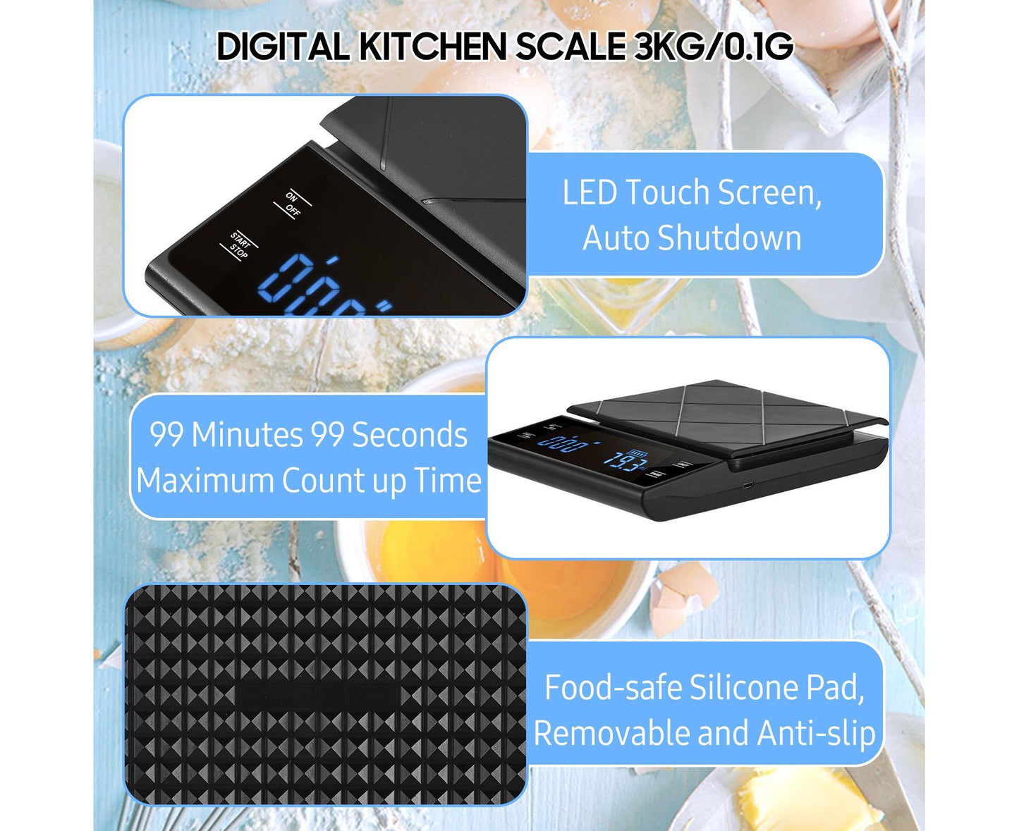 Digital LED Touch Kitchen Scale 3kg/ 0.1g High Precision Time Counting Coffee Brewing Scale Portable Electronic Food Scales with Unit Change