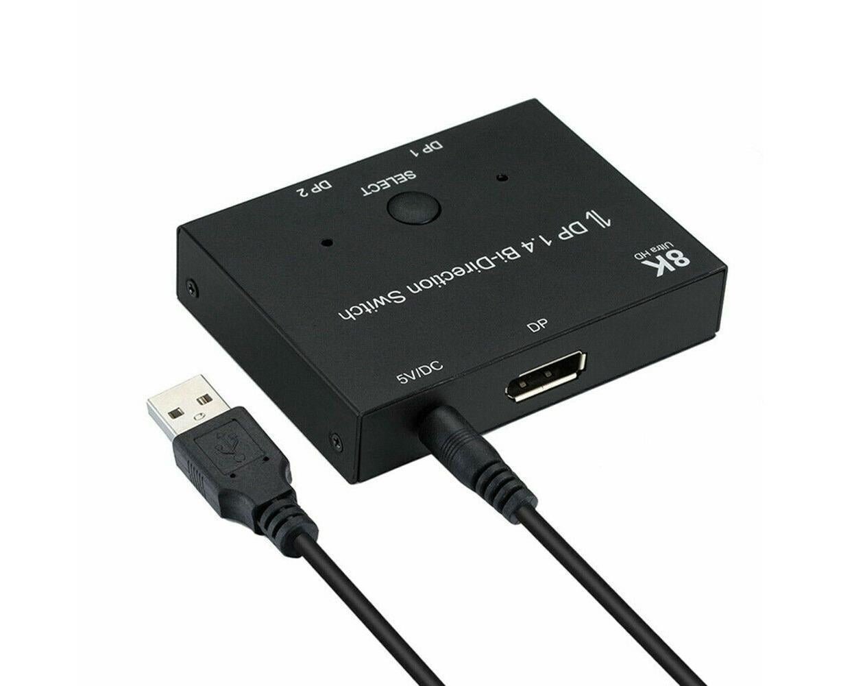 8K DP 1 In 2 Out Displayport Splitter Switch for HDTV Graphics Card Computer - Black